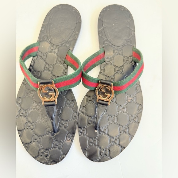 Gucci Black Red Green Leather Fabric GG web Thong flat sandals EU 39.5 - Picture 2 of 11